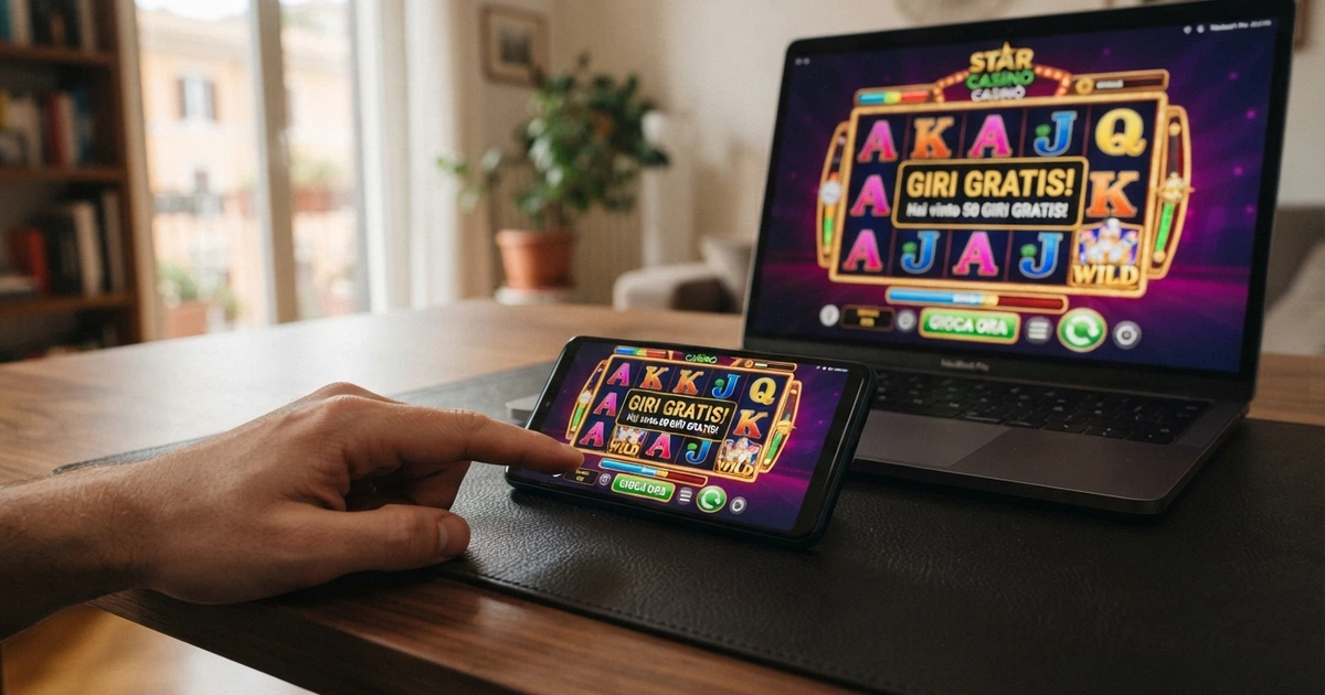 Un casinò online con la scritta "giri gratis" in evidenza su schermo, accanto a un telefono che mostra la stessa pagina