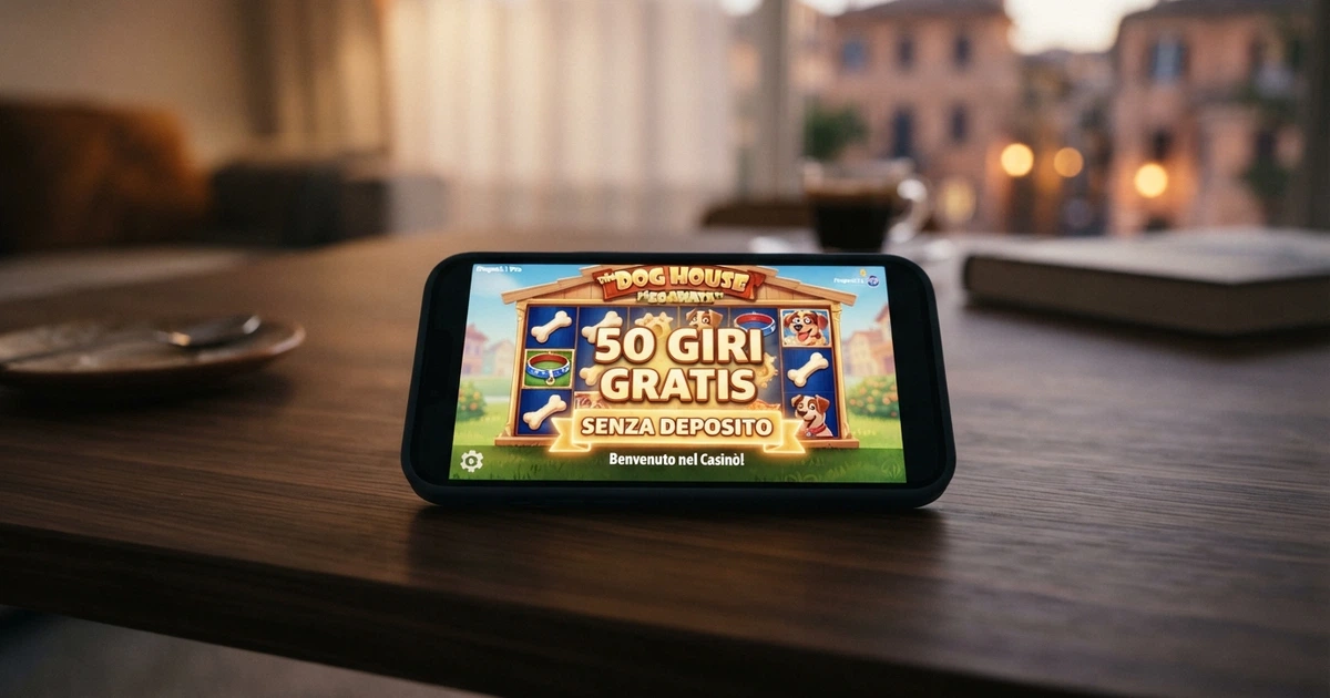 Una mano che tiene uno smartphone con una slot machine colorata sullo schermo e la scritta «50 Free Spins» in sovrimpressione, su sfondo scuro.
