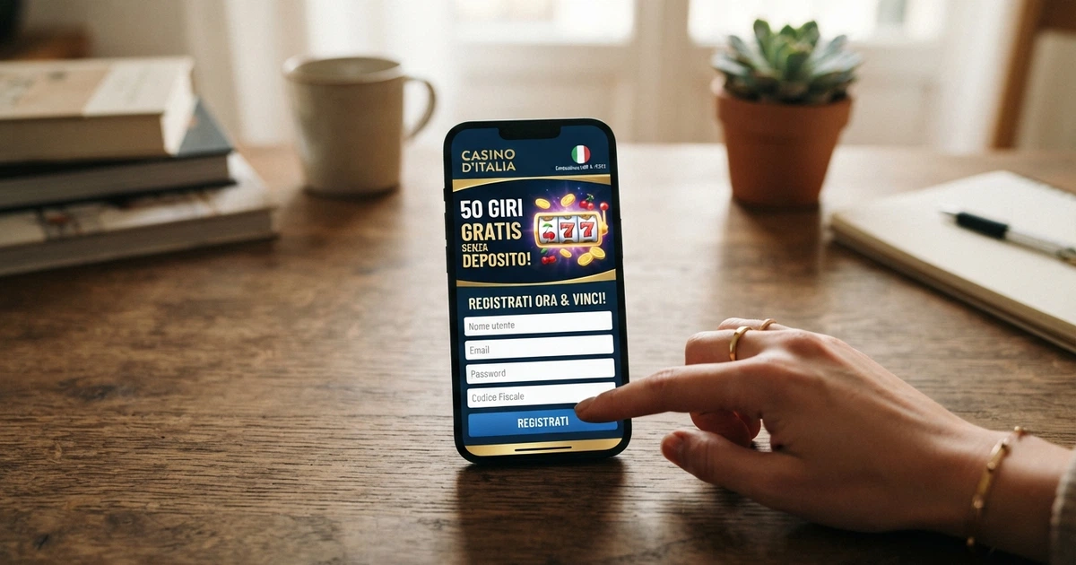 Una schermata di registrazione su un casino online italiano con la dicitura «50 giri gratis senza deposito» in evidenza, affiancata dall'icona di una slot machine colorata