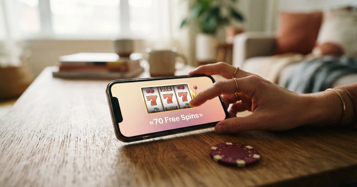 Una mano che scorre su uno smartphone con il display che mostra una slot machine colorata e la scritta «70 Free Spins» in sovrimpressione