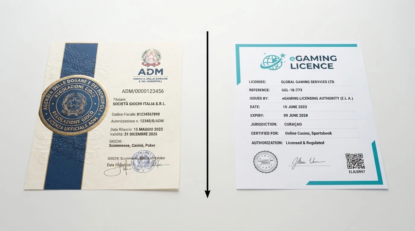 Il sigillo ufficiale dell'Agenzia delle Dogane e dei Monopoli a sinistra e il simbolo di una licenza Curaçao eGaming a destra, separati da una linea verticale
