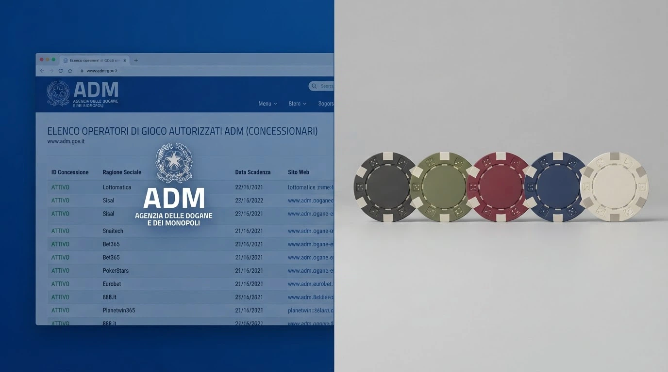 Il logo dell'ADM accanto a una schermata del registro ufficiale dei concessionari, separato da una linea verticale dai simboli di schede non regolamentate