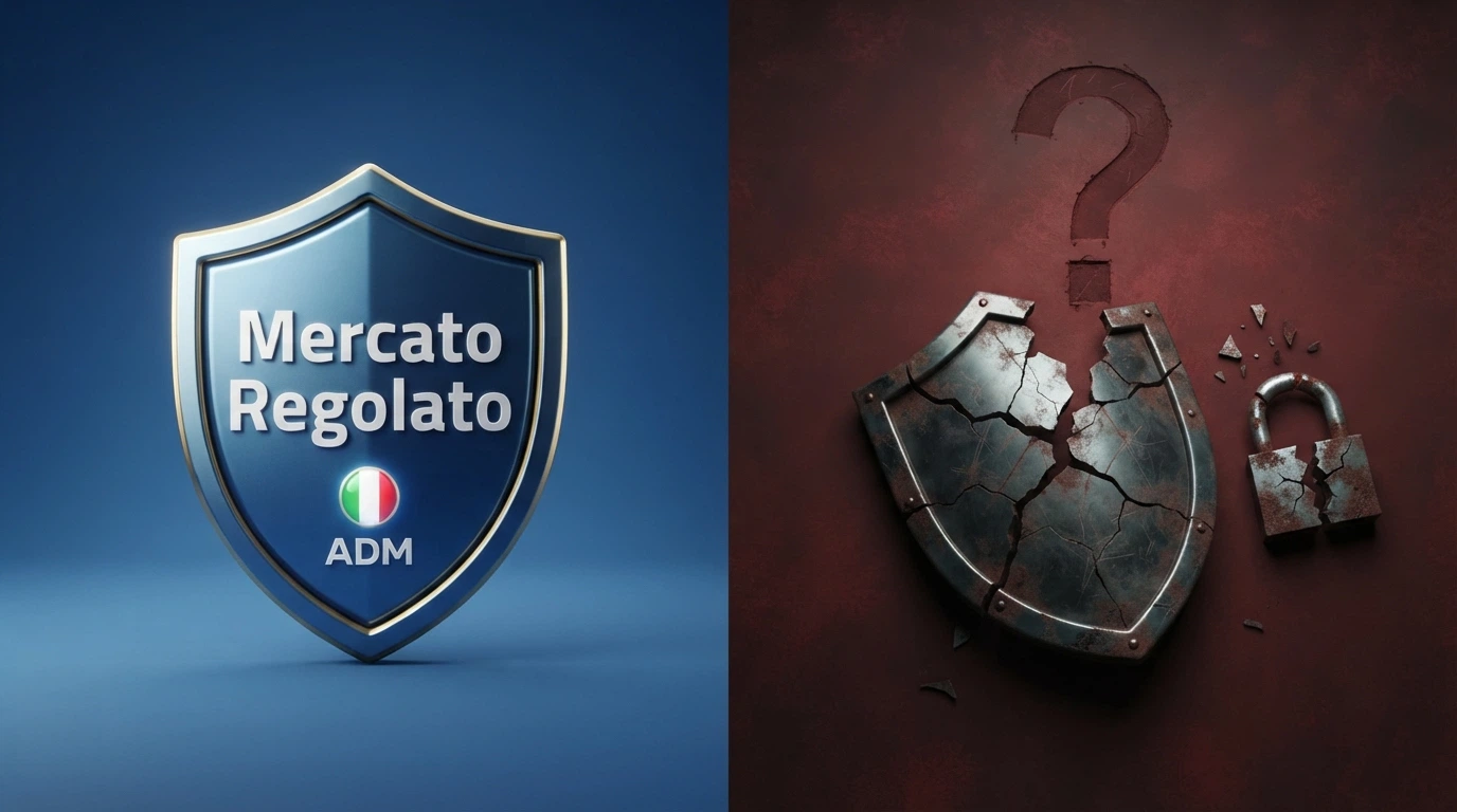 Un'infografica che divide in due colonne il mercato ADM (con simboli di lucchetto, scudo e documento verificato) e il mercato non AAMS (con icone di rischio, punto interrogativo e accesso bloccato)