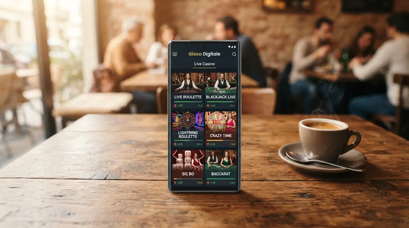 Uno smartphone con l'app Casinò Gioco Digitale aperta sulla schermata della lobby dei giochi live