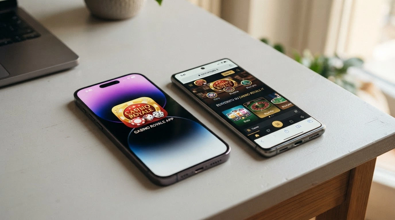 Due smartphone affiancati: uno con l'icona dell'app casinò sulla schermata home, l'altro con lo stesso casinò aperto nel browser