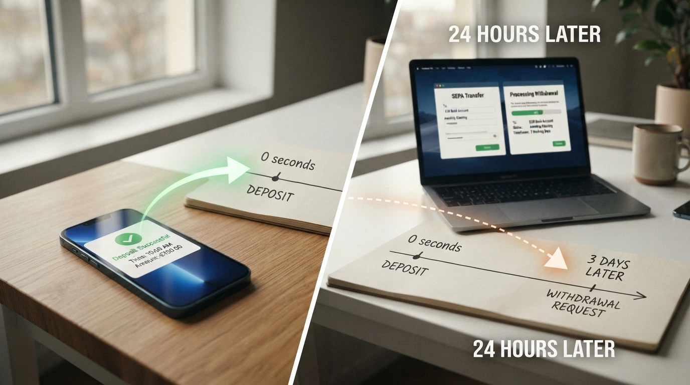Infografica che mostra il flusso di un deposito (freccia verde, 0 secondi) e di un prelievo (freccia arancione tratteggiata, 48-72 ore) con Apple Pay in un casinò online
