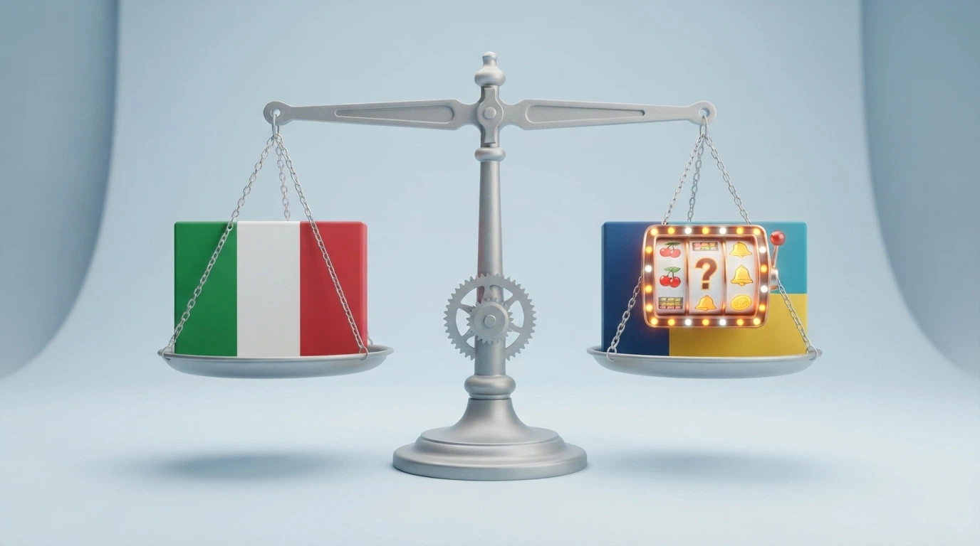 Una bilancia a due piatti: su un piatto il simbolo del RUA e la bandiera italiana, sull'altro una slot con il punto interrogativo e la bandiera di una giurisdizione offshore