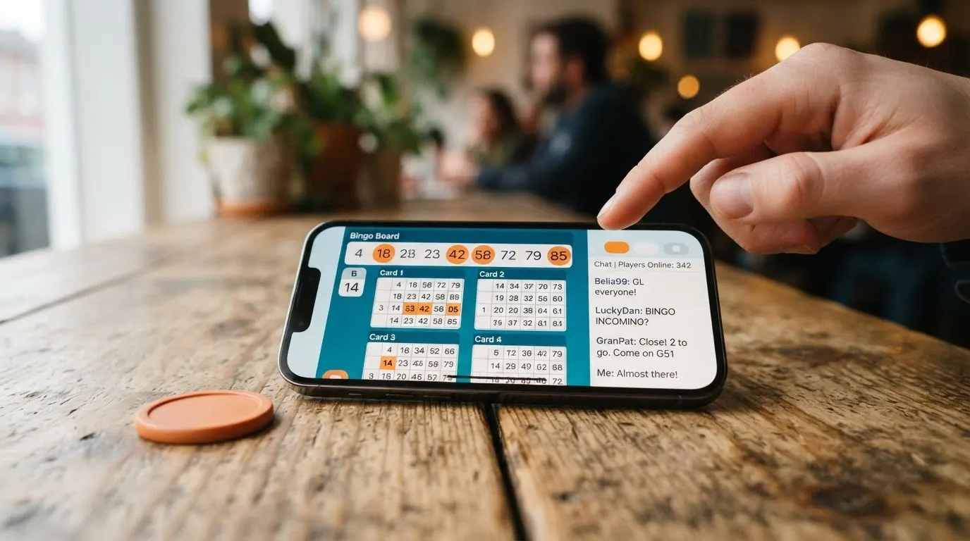 Uno smartphone che mostra l'interfaccia di un'app bingo con una partita in corso, le cartelle attive e il pulsante della chat
