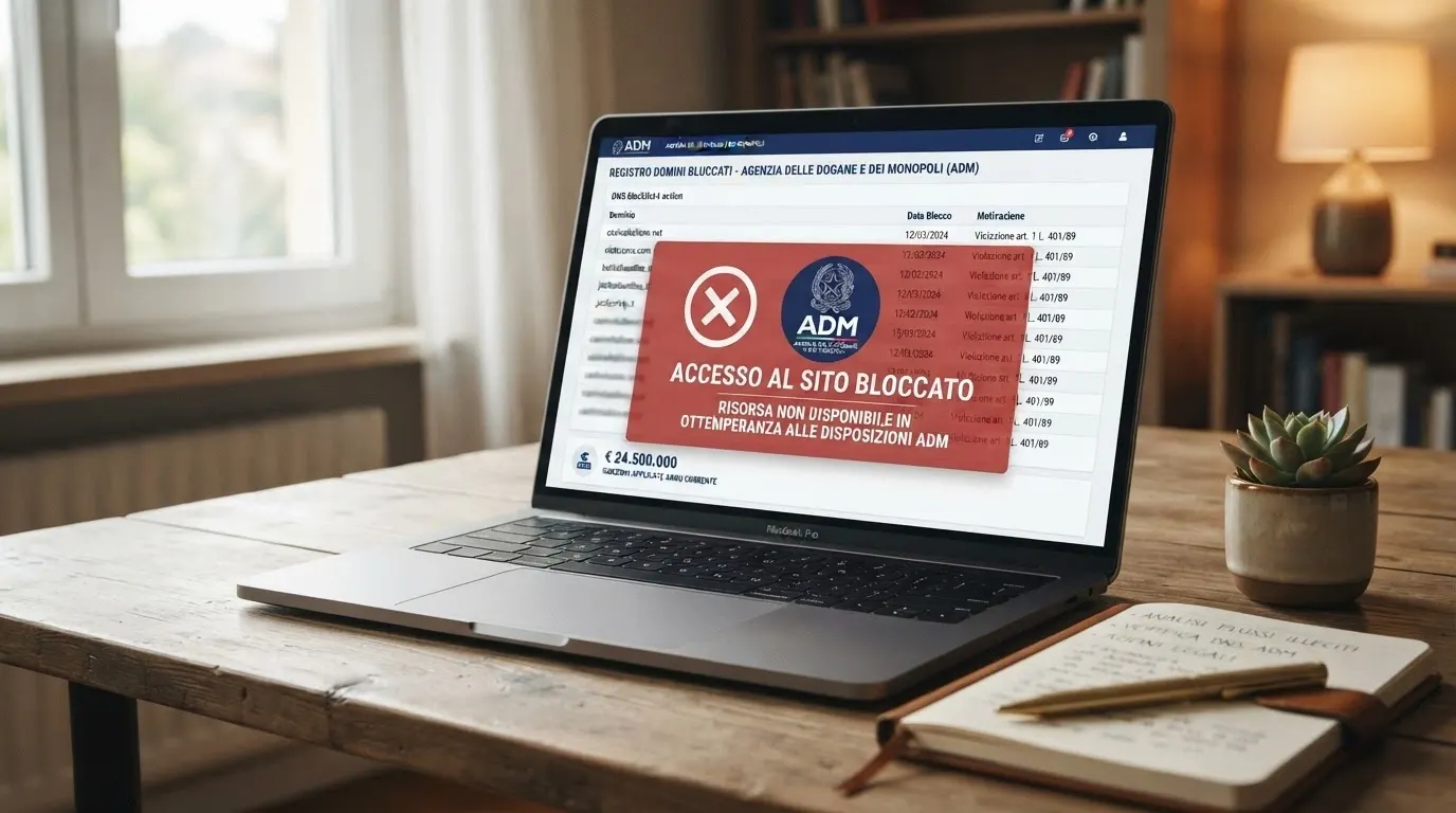 Un elenco di domini oscurati con il logo dell'Agenzia delle Dogane e dei Monopoli e un'icona di blocco DNS