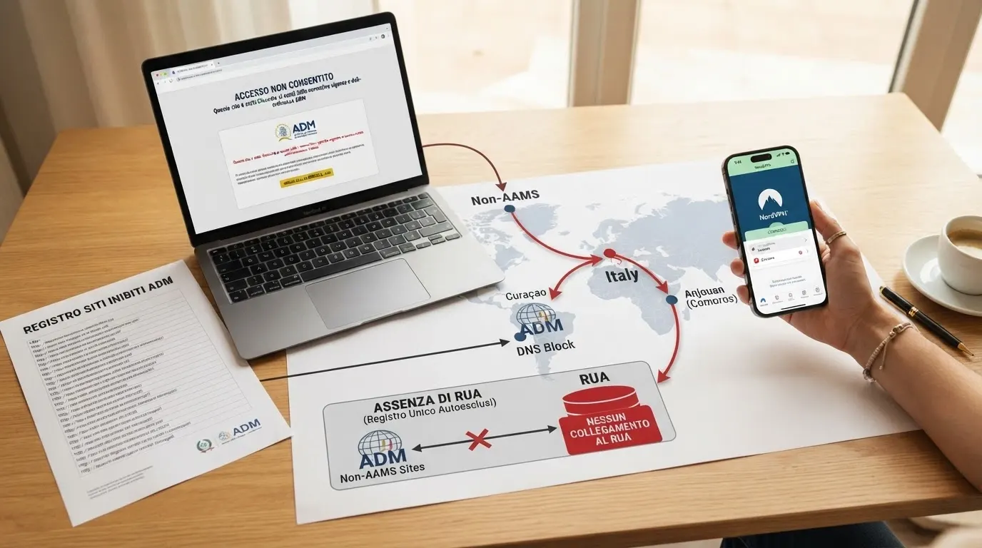 Una mappa concettuale che collega i casinò non AAMS, il blocco DNS imposto da ADM ai provider italiani, il RUA (Registro Unico degli Autoesclusi) e l'assenza di collegamento tra i due sistemi