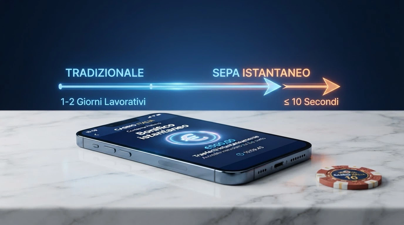 Schema visivo che confronta i tempi di accredito del bonifico ordinario (1-2 giorni) con il bonifico istantaneo SEPA (≤10 secondi), con icone di banca e casinò