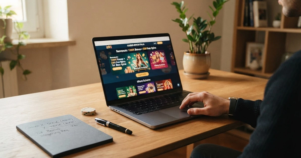 Un giocatore davanti al laptop che confronta le schermate dei bonus di benvenuto di diversi casinò online, con una calcolatrice e un blocco note a fianco.