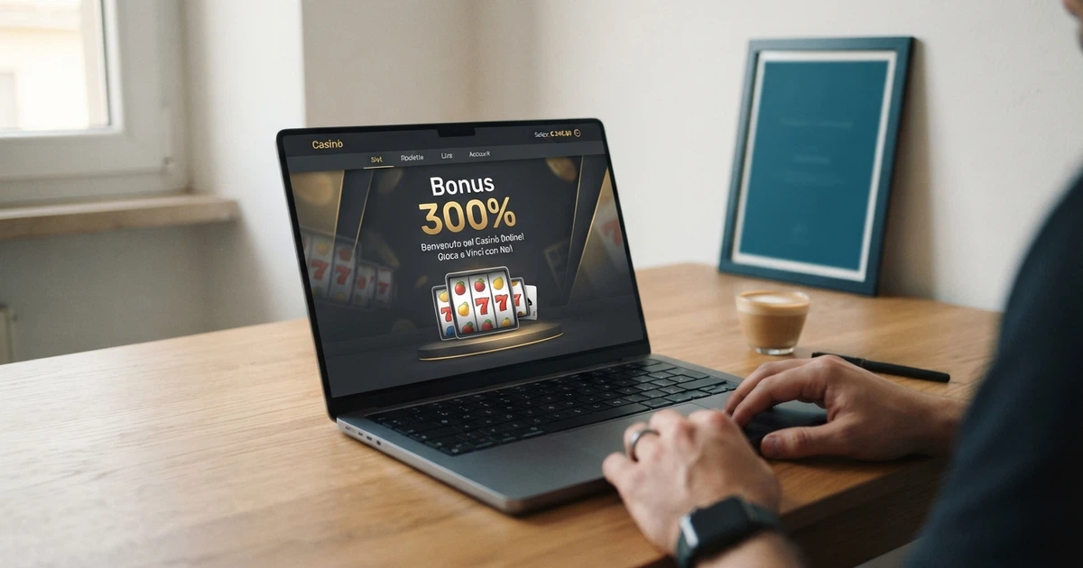 Un casinò online con la scritta «Bonus 300%» in evidenza sullo schermo di un computer, affiancata dai termini in piccolo su wagering e validità