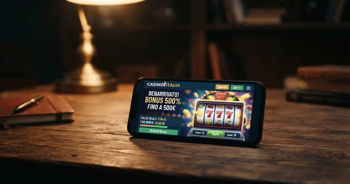 Un primo piano di una schermata di casinò online in italiano con la scritta «Bonus 500%» evidenziata, sullo sfondo l'interfaccia di un conto gioco con la distinzione tra saldo Fun Bonus e saldo Real Bonus