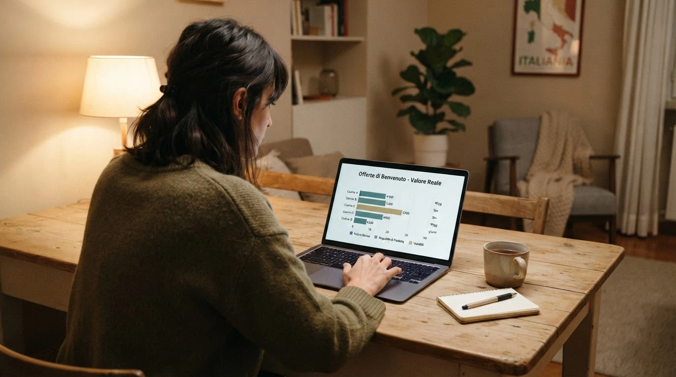 Interfaccia comparativa di diverse offerte di benvenuto di casinò online con licenza ADM, con evidenziati i termini di bonus e requisiti di puntata