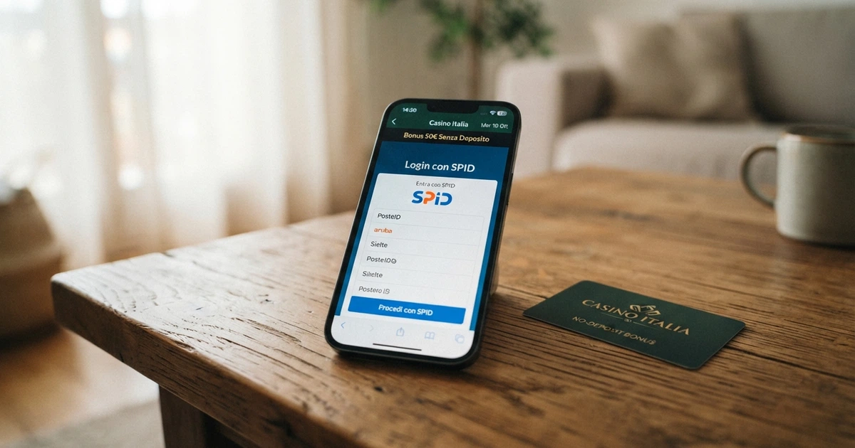 Un telefono con lo schermo del login SPID accanto al logo di un casinò online italiano, su uno sfondo pulito