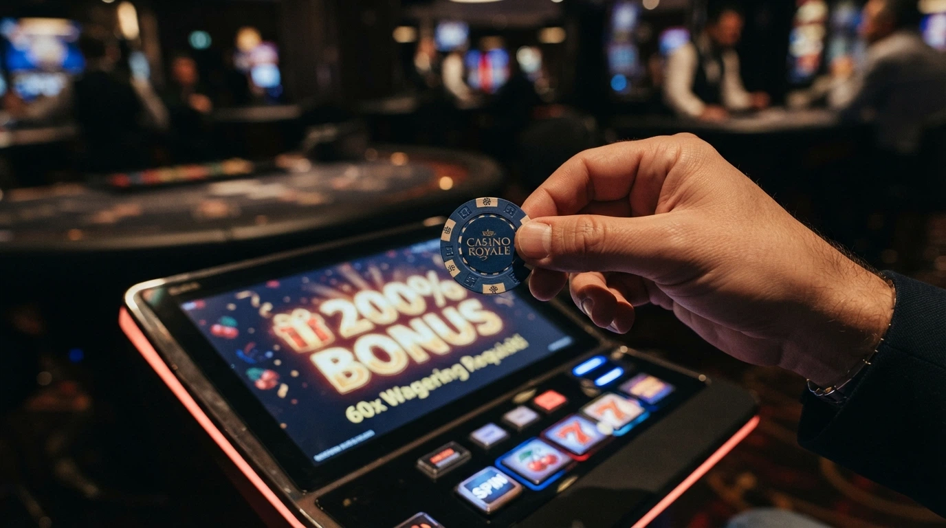 Una slot machine con sopra un cartellino che mostra un 200% di bonus in grande e un 60x di wagering in piccolo, quasi nascosto