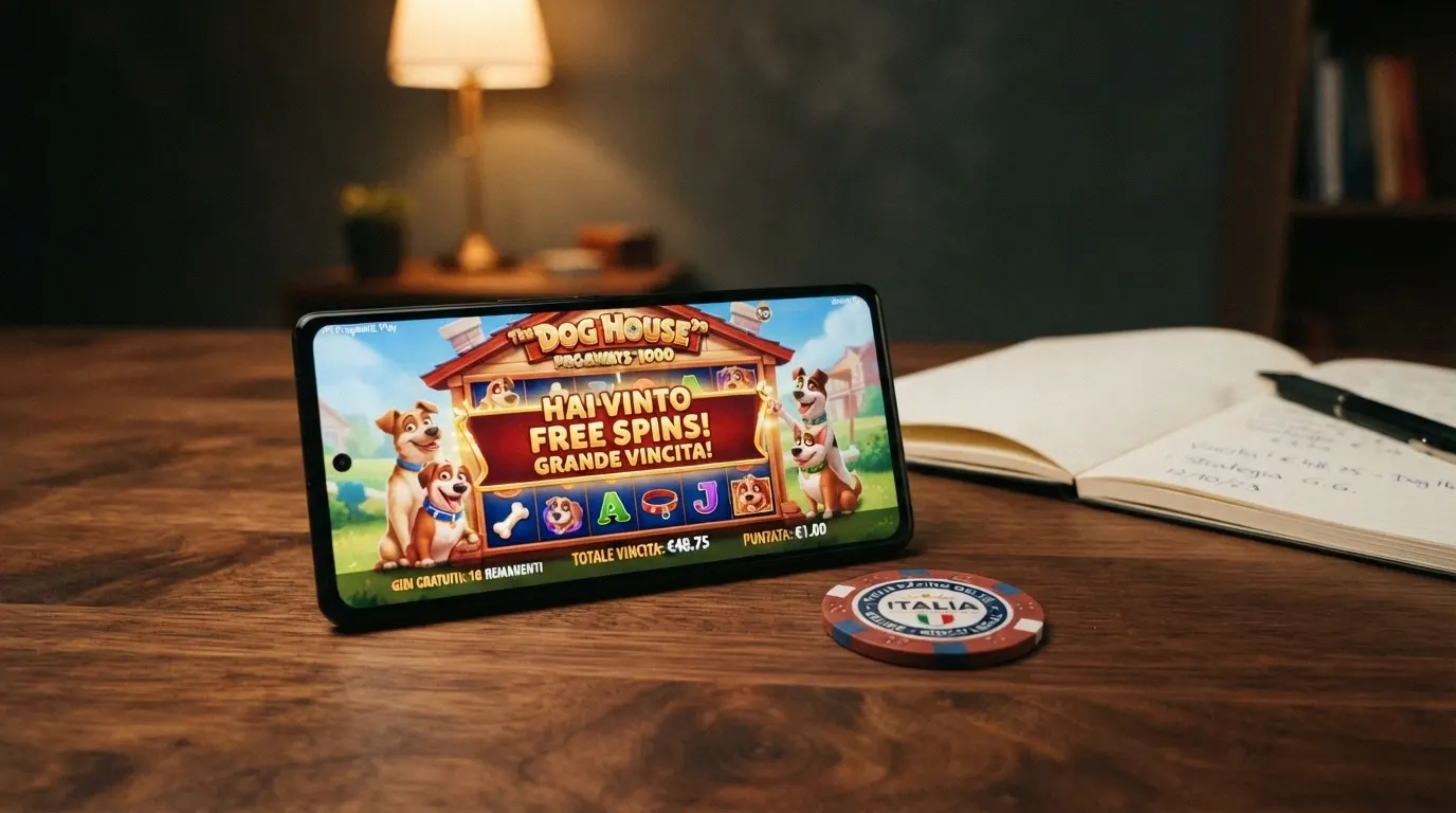 Una schermata promozionale di un casinò ADM che mostra un'offerta di free spins senza deposito, con i termini e la slot abbinata in evidenza