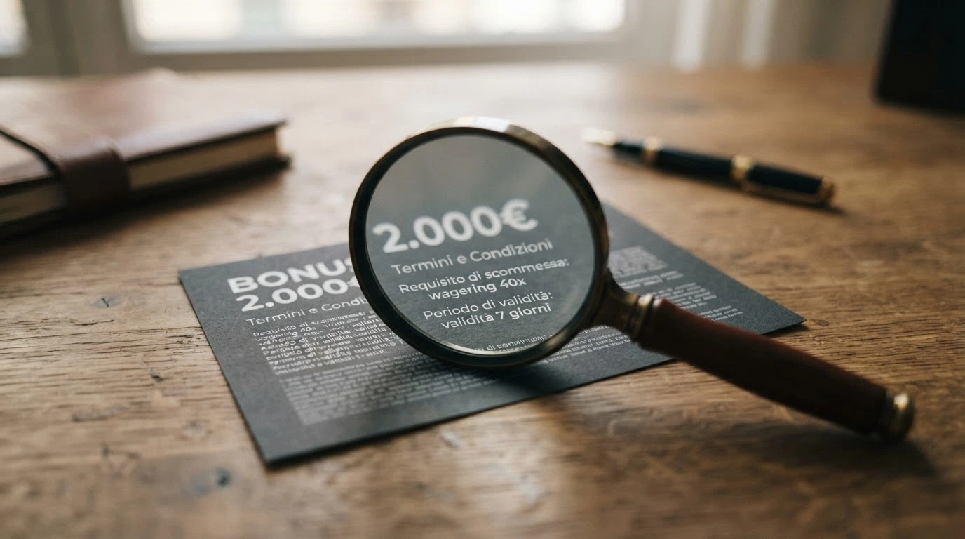 Una lente di ingrandimento posata su un bonus da 2.000€ che rivela in piccolo la scritta wagering 40x e validità 7 giorni