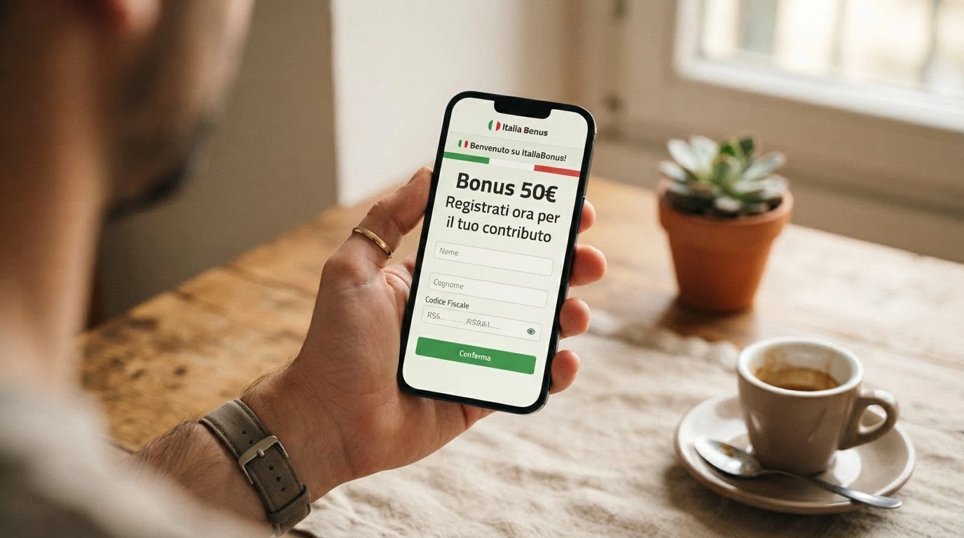 Uno smartphone che mostra la schermata di registrazione con le opzioni SPID e CIE accanto alla notifica di accredito di un bonus senza deposito