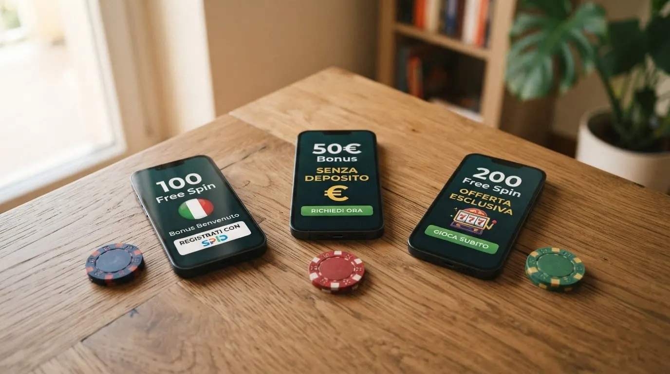 Una vista comparativa di bonus senza deposito con simboli di Free Spin, importi in euro e l'icona SPID accanto a ciascuna offerta