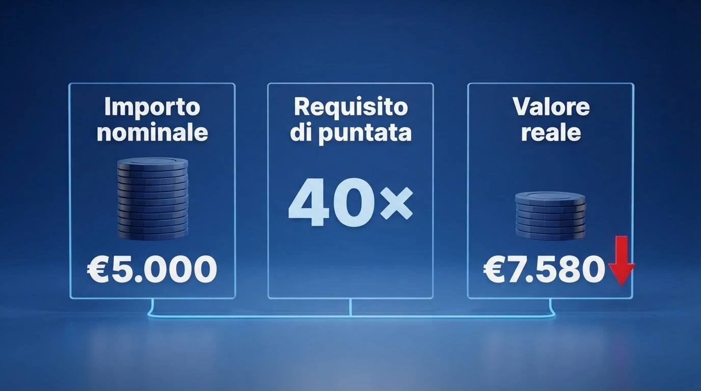 Tre riquadri affiancati che mostrano l'importo nominale di un bonus, il requisito di puntata e il valore reale dopo il wagering