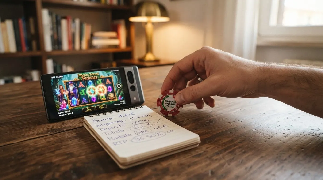 Una calcolatrice su un tavolo da gioco virtuale, con un post-it che riporta le quattro variabili: importo, wagering, validità, prelievo massimo