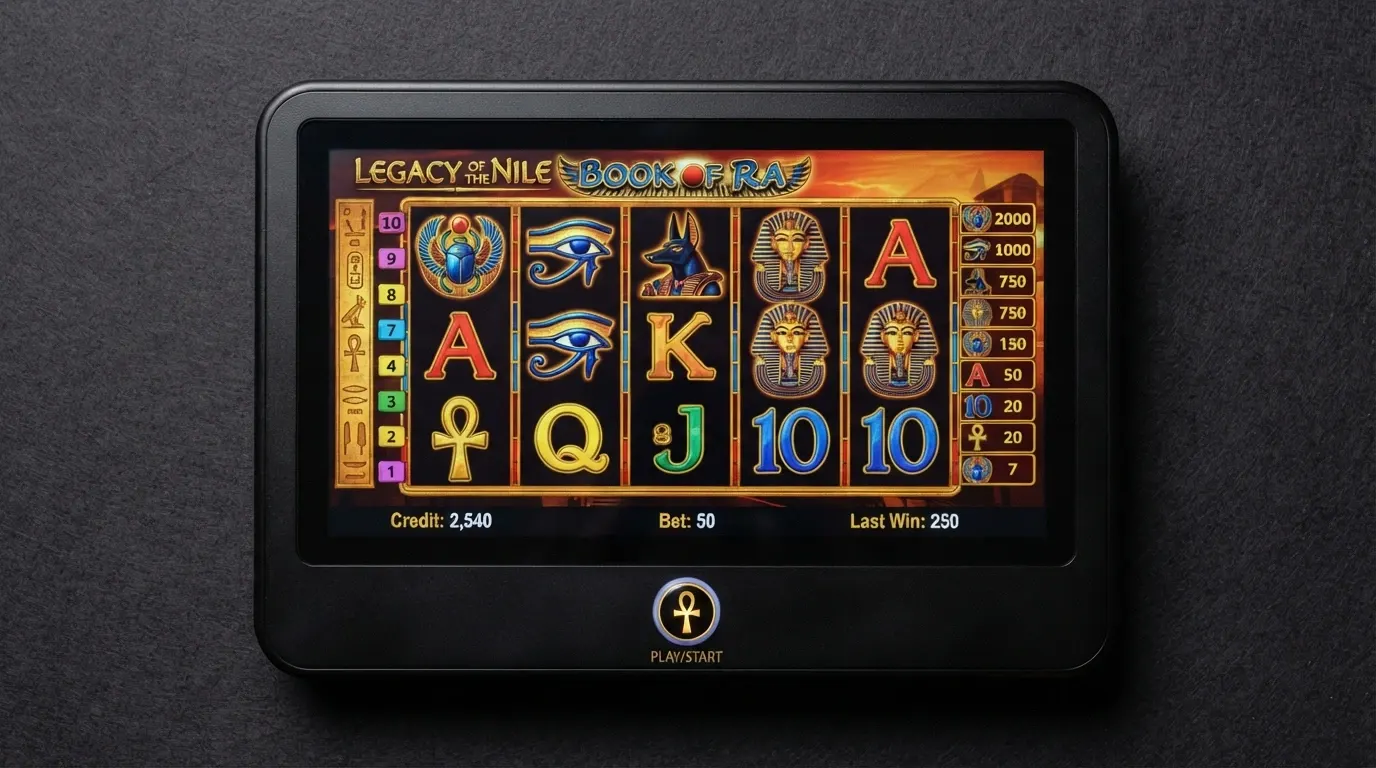 La schermata di gioco di Book of Ra deluxe su un terminale VLT, con i rulli, il simbolo del libro e la tabella dei pay out