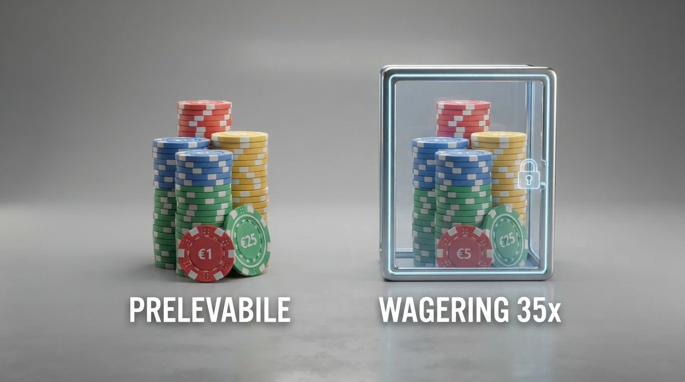 Due colonne affiancate: a sinistra una pila di banconote con la scritta «prelevabile subito», a destra la stessa pila con un lucchetto e l'etichetta «wagering 35x»