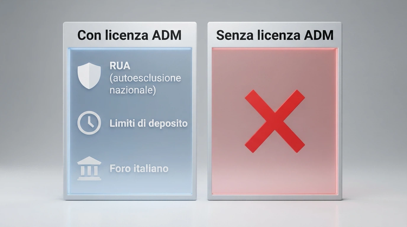 Infografica a due colonne: a sinistra le tutele del concessionario ADM (RUA, limiti, foro italiano), a destra la colonna vuota del sito senza licenza