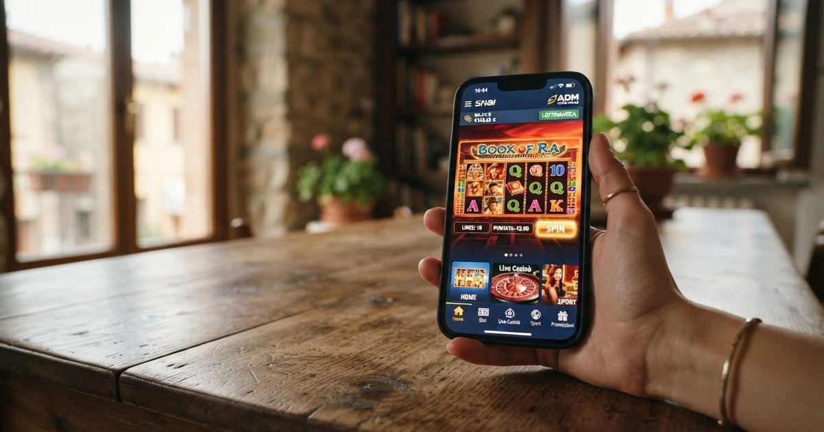 Uno schermo iPhone in mano che mostra l'interfaccia di un'app casinò con slot in evidenza, tavoli da gioco nella barra inferiore e il badge della licenza ADM visibile nell'angolo
