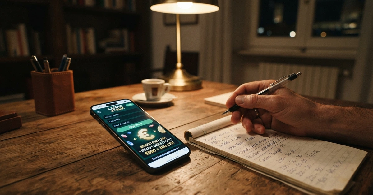 Un primo piano di uno schermo di smartphone con la pagina di registrazione di un casinò online, accanto a una calcolatrice e un foglio con appunti manoscritti