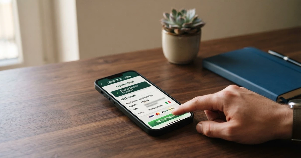 L'interfaccia di cassa di un casinò online italiano con l'opzione bonifico bancario istantaneo selezionata tra i metodi di pagamento disponibili