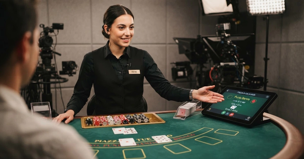 Un croupier in primo piano dietro un tavolo da gioco, con schermo dell'interfaccia di puntata visibile e monitor multipli nello studio di produzione