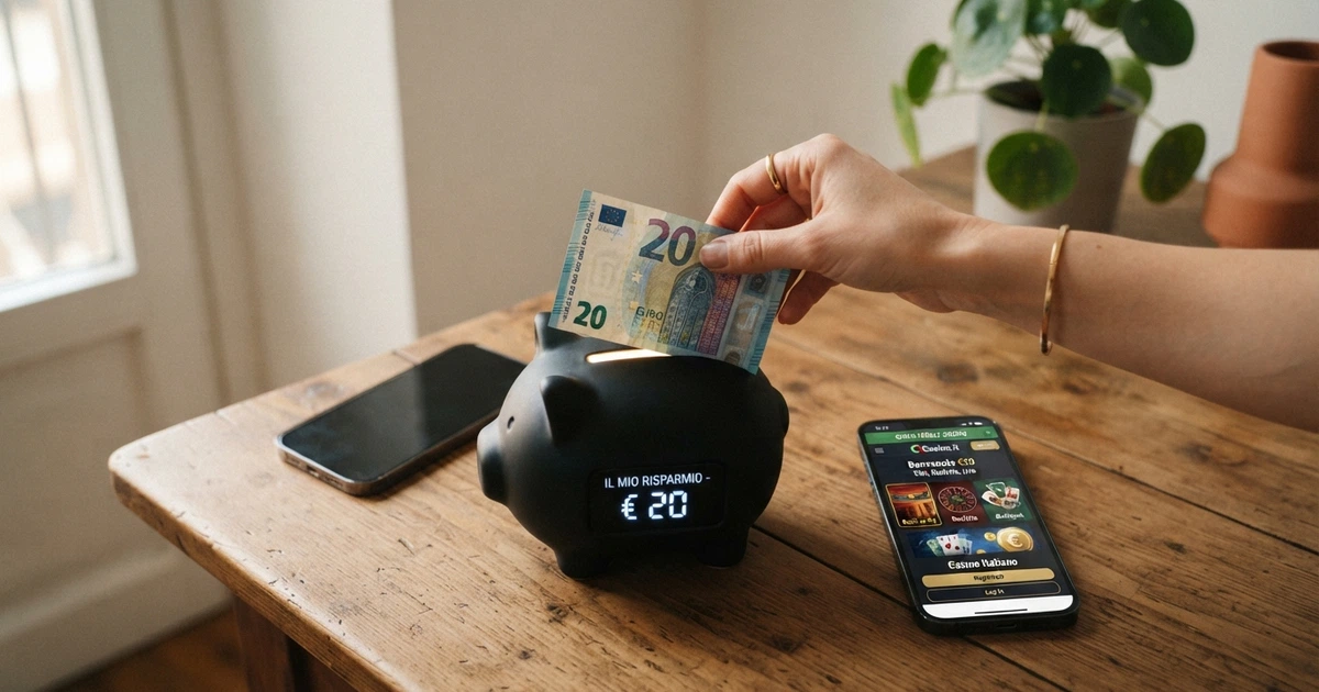 Una mano che inserisce una banconota da 20 euro in un salvadanaio digitale, con lo schermo di uno smartphone che mostra la lobby di un casinò online italiano