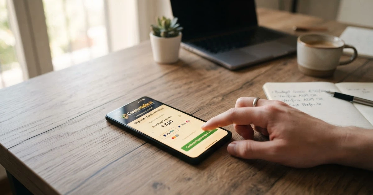 L'interfaccia di deposito di un casinò online ADM con il selettore dell'importo posizionato su 5 euro e i metodi di pagamento disponibili in primo piano