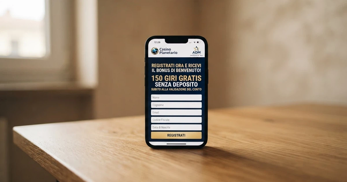 Una schermata di registrazione a un casinò online con la sezione dedicata ai bonus di benvenuto in evidenza, dove compare l'offerta di giri gratis senza deposito