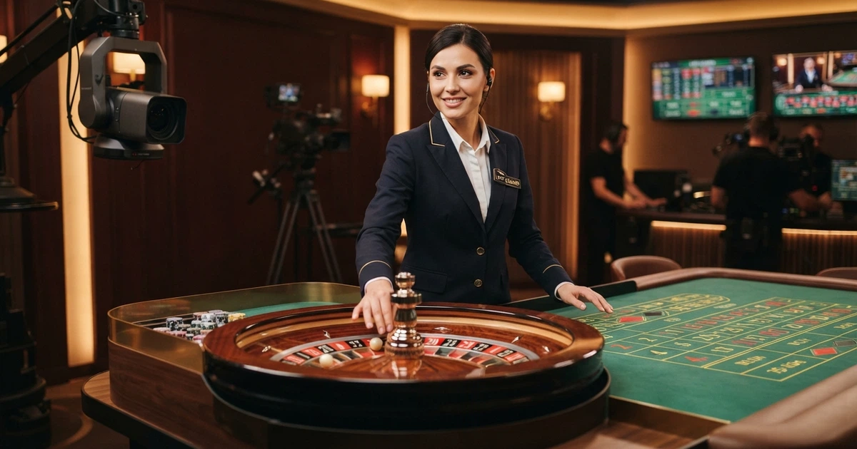 Un croupier dal vivo in uniforme elegante dietro un tavolo da roulette in uno studio di casinò illuminato, con schermi multifunzione e telecamere HD