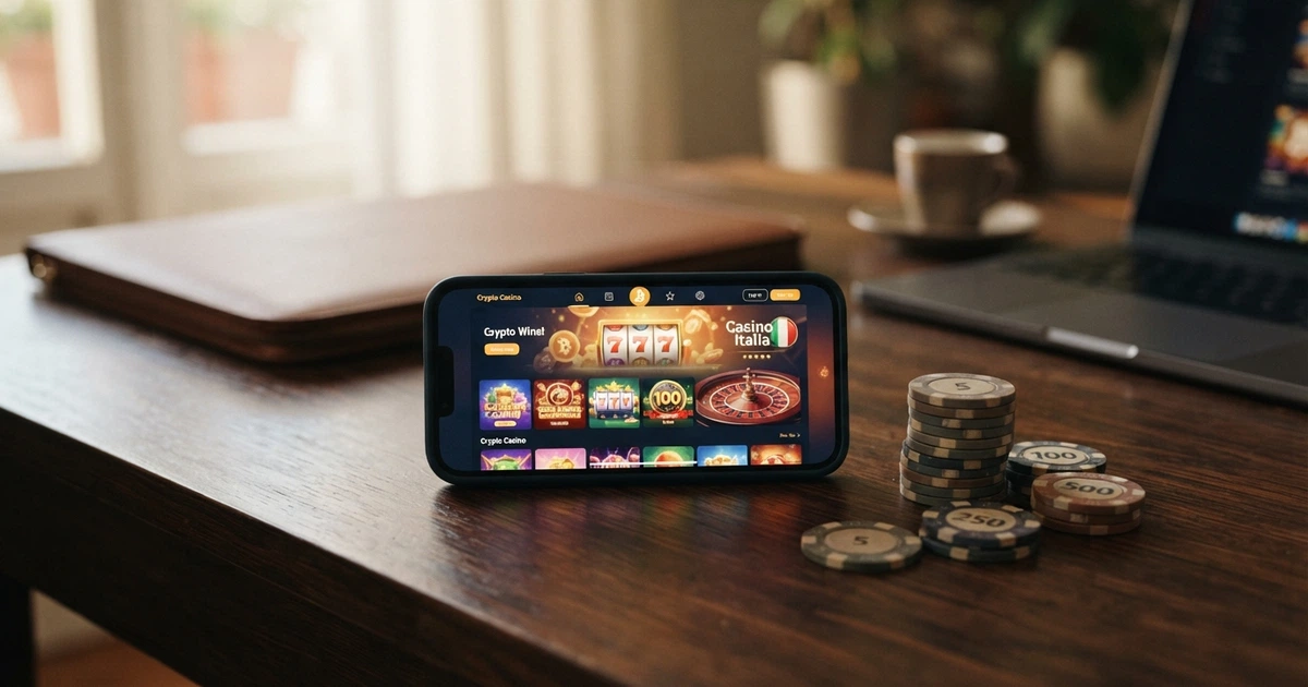 Monete di Dogecoin impilate accanto allo schermo di uno smartphone che mostra la lobby di un casinò online
