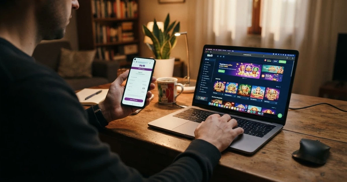 Un giocatore consulta il telefono davanti allo schermo di un computer con la schermata di deposito di Ecopayz e la lobby di un casinò online sullo sfondo