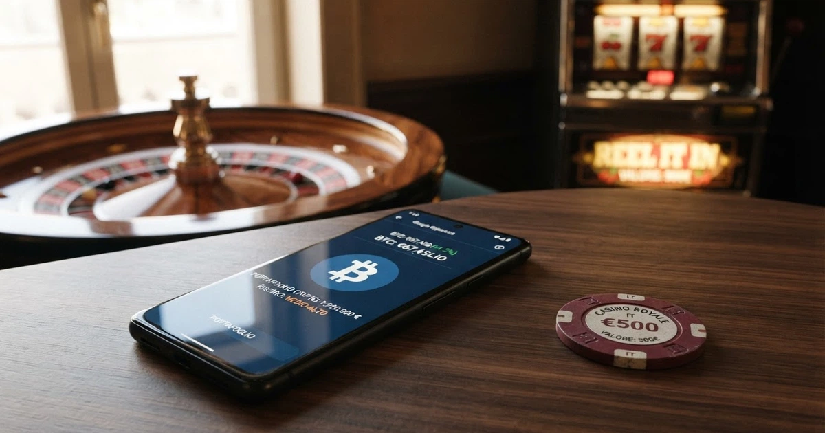Un wallet digitale con il logo di Ethereum su uno smartphone accanto a una roulette e a una slot machine, su sfondo scuro con luce blu e viola