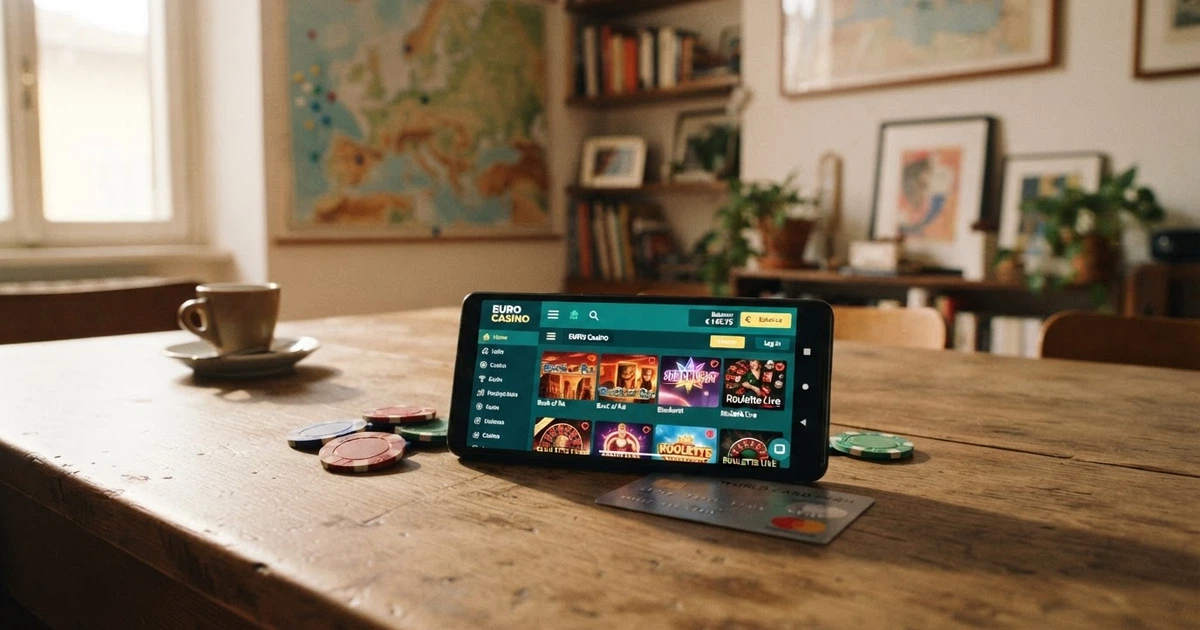 Una carta Mastercard appoggiata su uno schermo che mostra la homepage di un casinò online, con il lucchetto dell'URL visibile e una mappa dell'Europa sullo sfondo