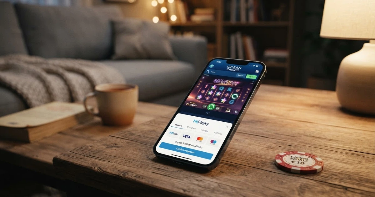La homepage di un casinò online con il logo MiFinity visibile tra i metodi di pagamento nella parte inferiore dello schermo