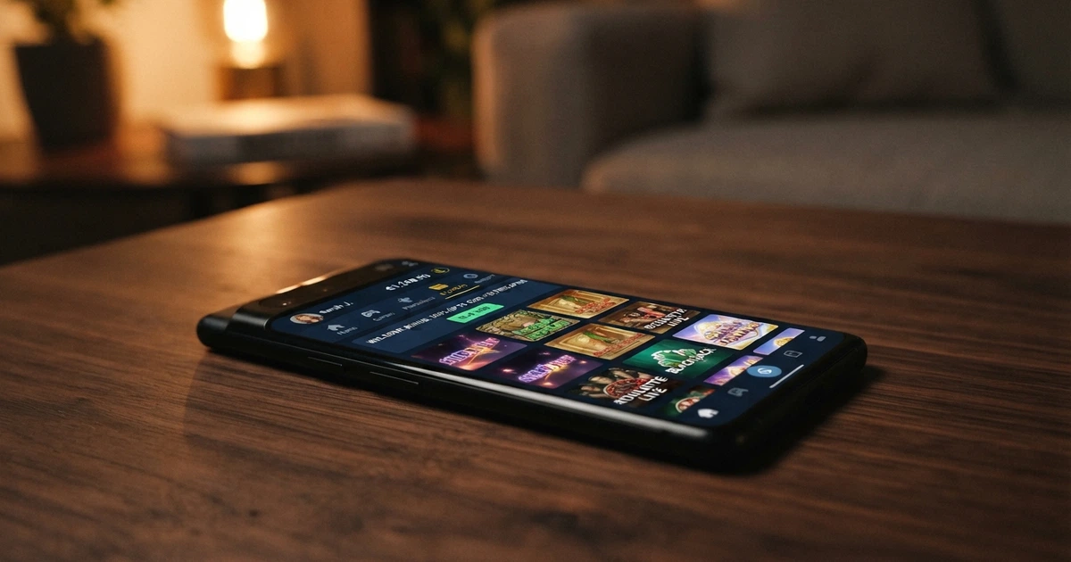 Un portafoglio MuchBetter aperto sullo schermo di uno smartphone, con il logo dell'app e una schermata di casinò online sullo sfondo