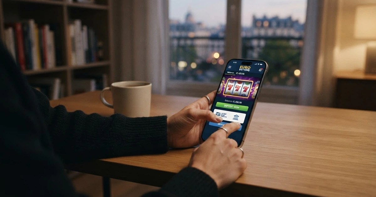 Un giocatore scorre la schermata di un casinò online su smartphone, con il logo Trustly Pay N Play accanto al modulo di deposito