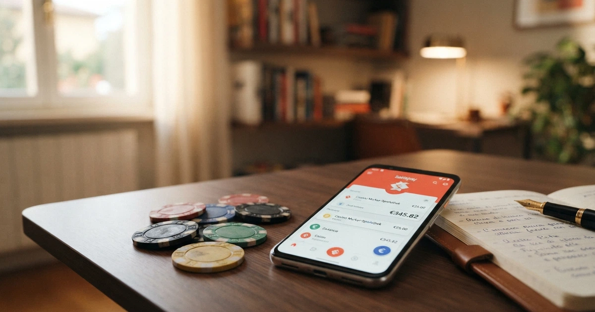 Un portafoglio digitale Skrill visualizzato sullo schermo di uno smartphone accanto al logo di un casinò online, con chip da poker sullo sfondo