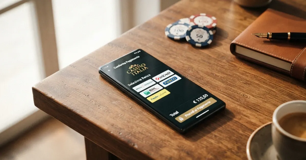 Interfaccia di pagamento Trustly su un casinò online con il logo del servizio, il selettore della banca e l'importo in euro