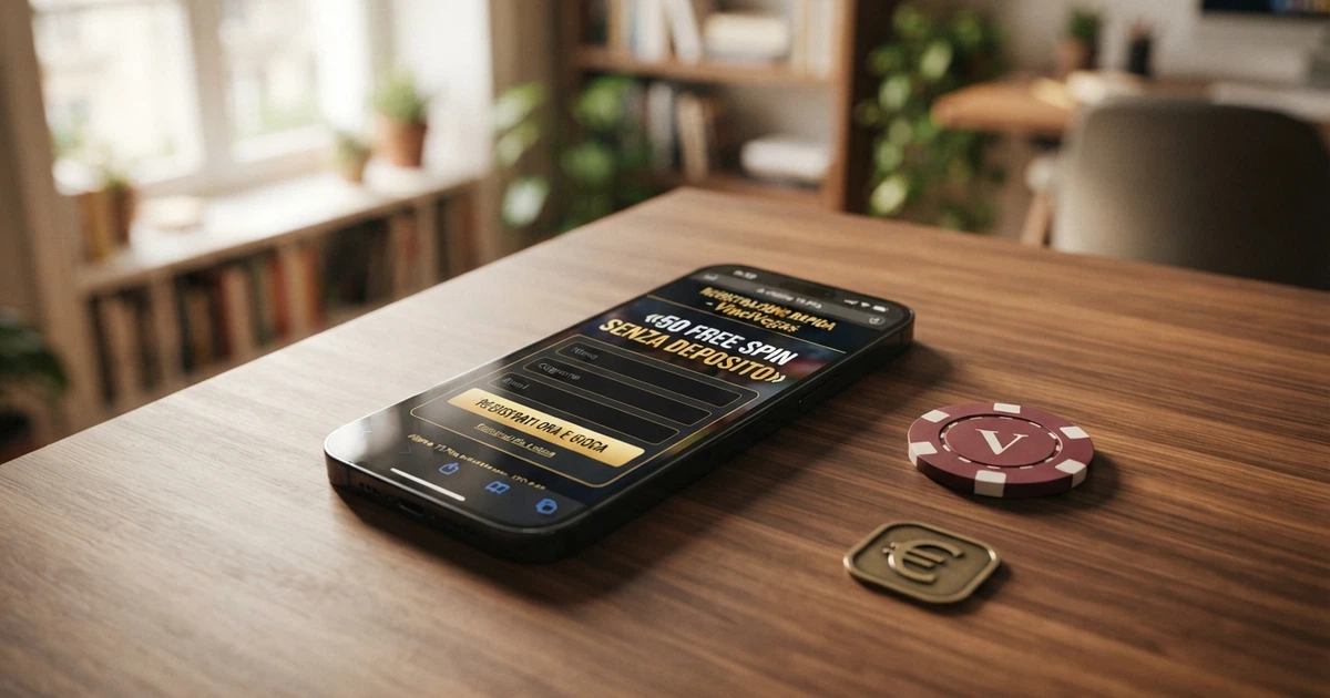 Uno schermo di smartphone che mostra la schermata di registrazione di un casinò online con l'indicazione «free spin senza deposito» in evidenza, affiancato da un badge di verifica e dal simbolo dell'euro.