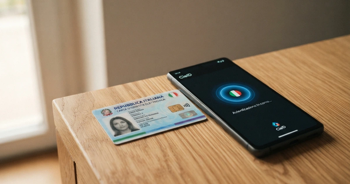 Una Carta d'Identità Elettronica italiana appoggiata accanto a uno smartphone che mostra l'app CieID aperta, con il chip NFC della carta in evidenza