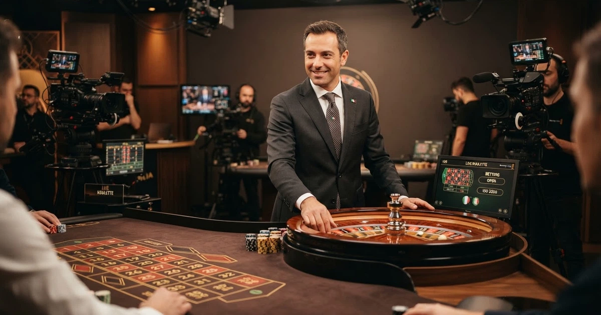 Un croupier in giacca e cravatta sorride dietro un tavolo da roulette in uno studio televisivo illuminato, con monitor e telecamere multiple sullo sfondo